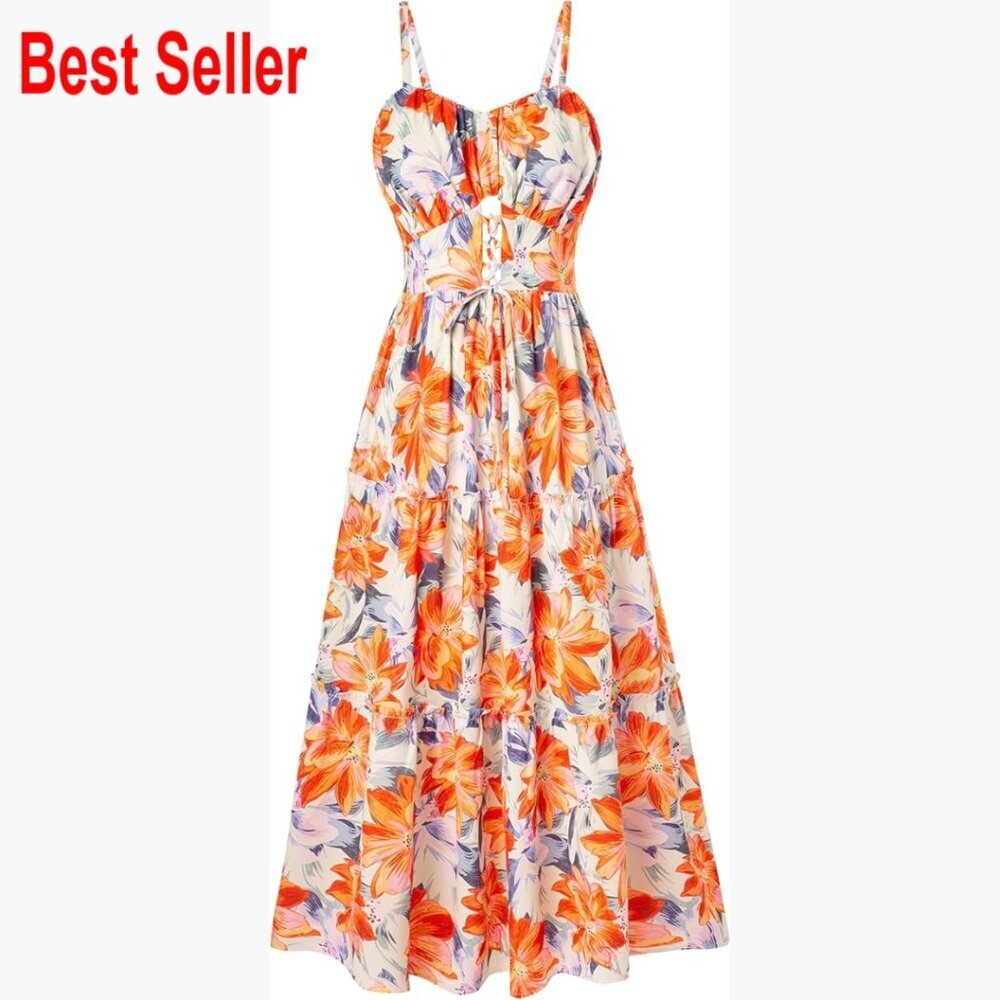Polyester Blend Maxi Dress with Pockets, Spaghetti Strap, Tiered Hem